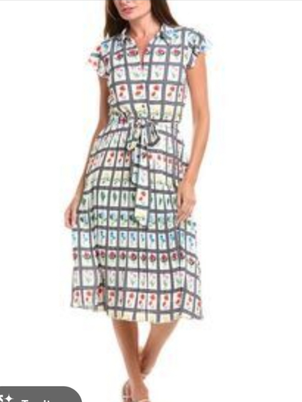 Floral Grid Print White Midii Dress with Tie Waist Flutter Sleeves L Tahari - Picture 14 of 14